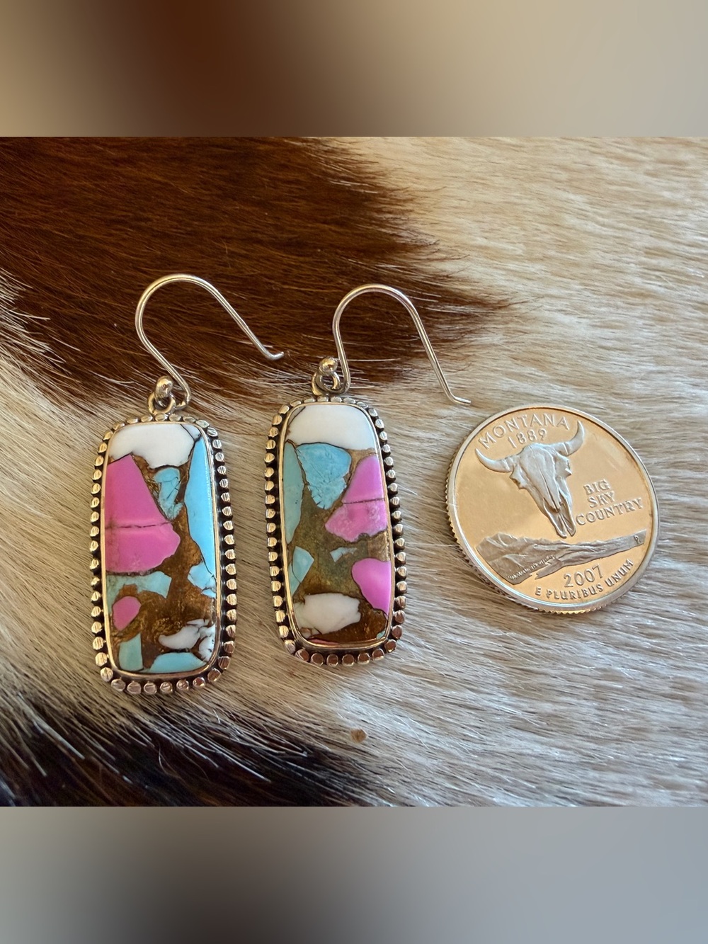❤️ Cotton Candy Turquoise Navajo Style Sterling Statement Dangle Earrings 1.77”L - Picture 8 of 12